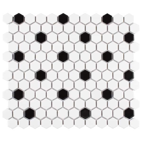 Merola Tile Madison 1 in. Hex Matte Cool White with Black Dot 10-1/4 in. x 11-7/8 in. Porcelain Mosaic Tile (619.2 sq. ft./Pallet)