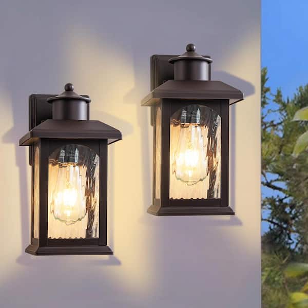 2-Pack 12 in. Oil Rubbed Bronze Outdoor Hardwired Wall Lantern Sconce with Water Ripple Glass, No Bulbs Included