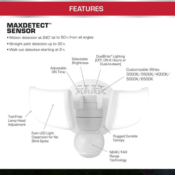 MaxDetect 240° White Motion Sensing Wired Outdoor 2-Head LED Security Flood Light 2000 Lumens with 5CCT and DualBrite