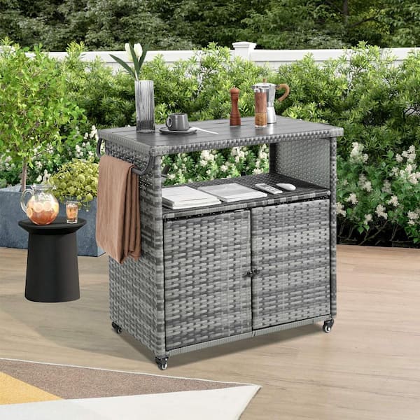 Unbranded Aqua Grey Rattan Wicker Outdoor Bar Cart, Patio Wine Serving Cart with Wheels, Glass Top Table for Garden, Party