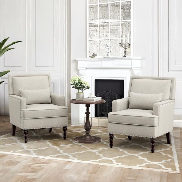 LUE BONA 35 in. Beige Fabric Accent Chair Nailhead Trim Upholstered Armchair with Removable Cushion (Set of 2)