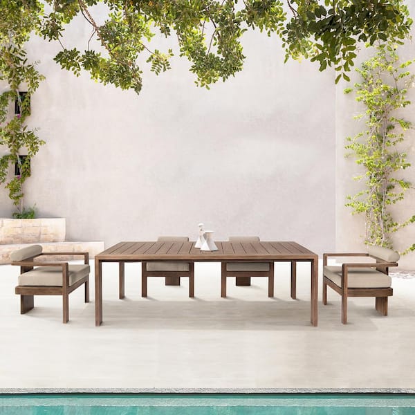 Armen Living Relic Light Brown 5-Piece Eucalyptus Wood Outdoor Dining Set with Taupe Cushions