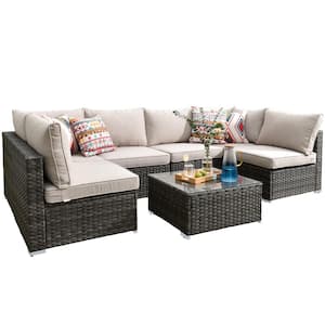 Maire Gray 7-Piece Wicker Outdoor Patio Conversation Sofa Seating Set with Beige Cushions