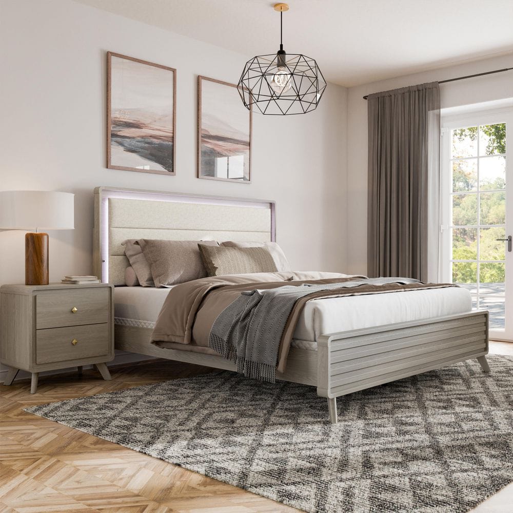 Sander 2-Piece Modern Gray Wood King Panel Upholstered Bedroom Set with Nightstand