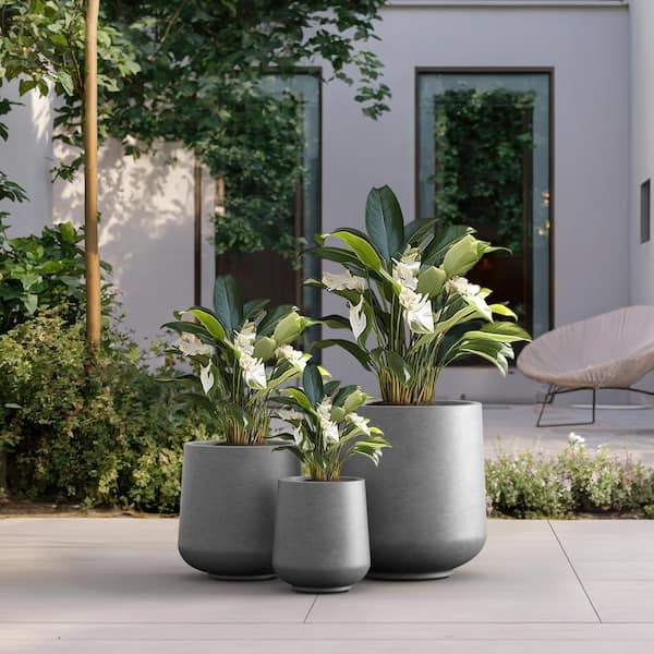 15.5 in. 12 in. 8.5 in. Dia Stone Finish Extra Large Tall Round Concrete Plant Pot/Planter Indoor and Outdoor Set of 3