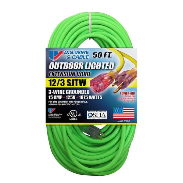 U.S. Wire and Cable 50 ft. 12/3 Fluorescent Lighted Extension Cord, Green