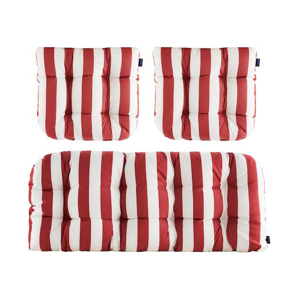 BLISSWALK 3-Piece Outdoor Chair Cushions Loveseats Outdoor Cushions Set Floral for Patio Furniture in Red Stripe H4" X W19"