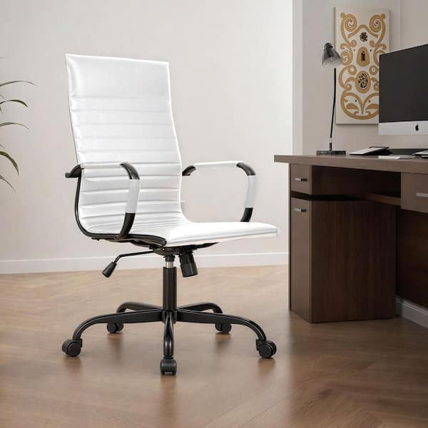Leisuremod Harris High Back Leather Desk Swivel Armrests Modern Adjustable Executive Conference Chair for Office and Home (White)