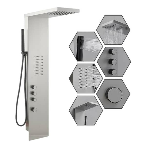 1-Jet Rainfall Shower Tower Shower Panel System with Rainfall Waterfall Shower Head and Shower Wand in Brushed Nickel