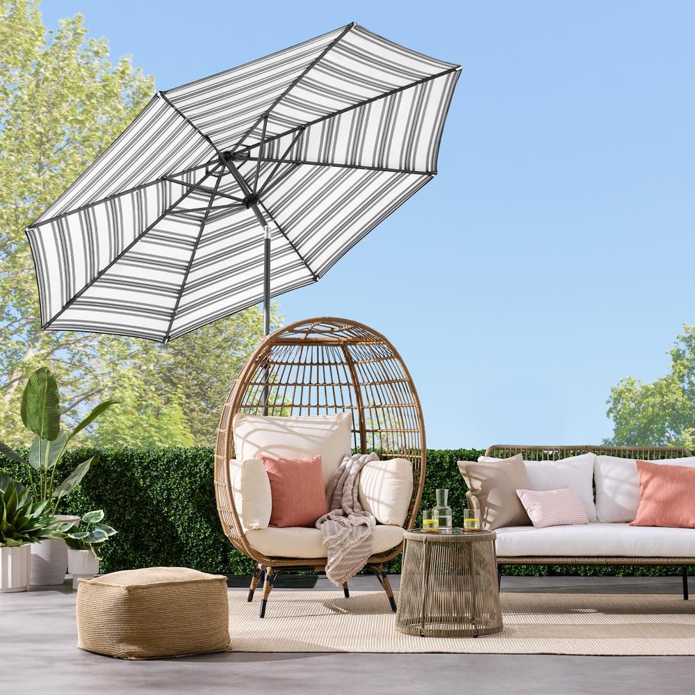 10ft Striped Black Metal Market Patio Umbrella with LED Lights