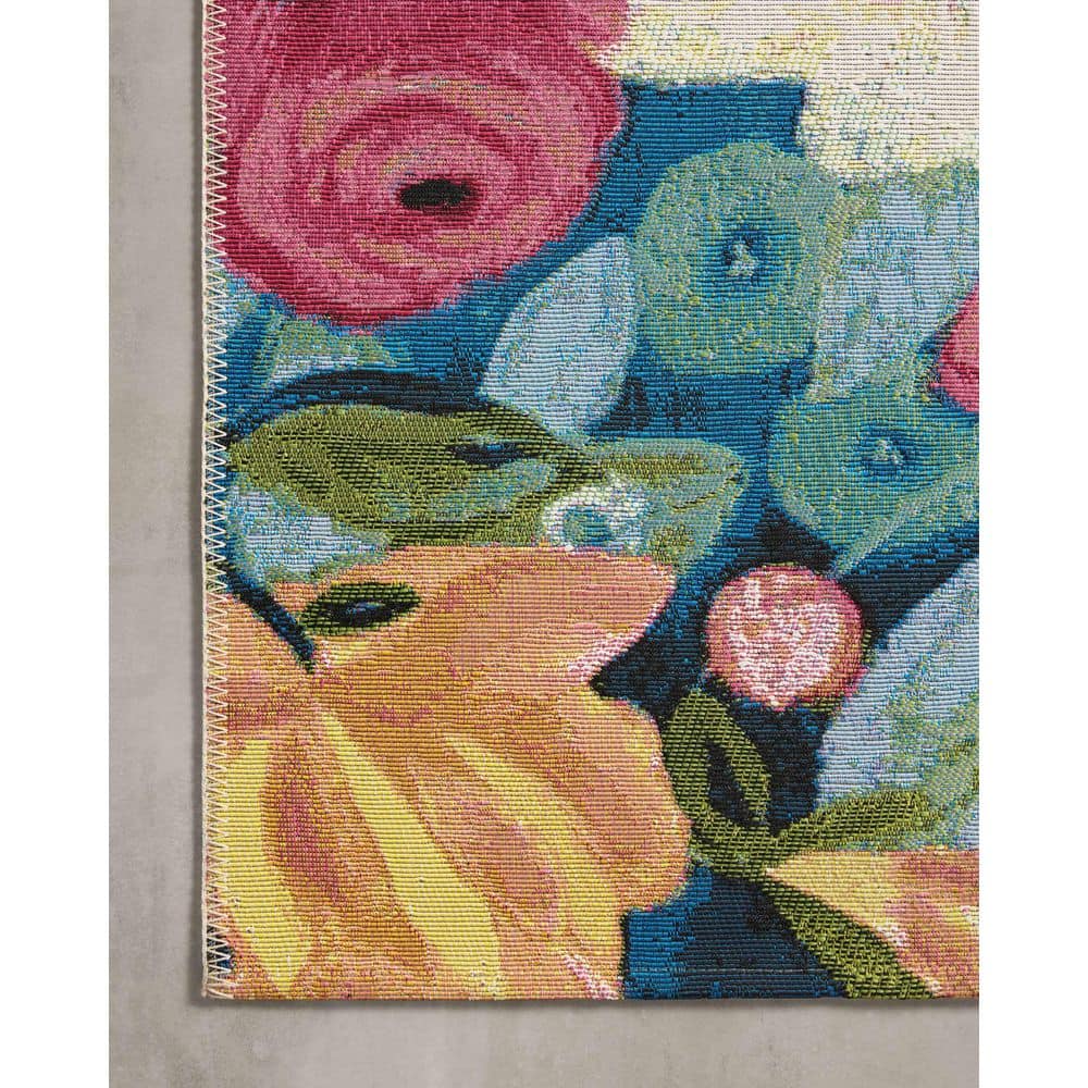 Navy and Multicolor Floral Wool and Synthetic Area Rug