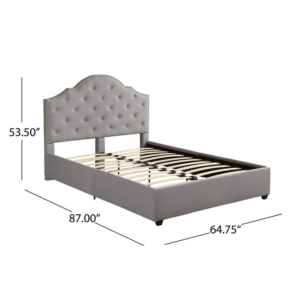 Contemporary Ash Gray Queen Platform Bed with Tufted Upholstery and Nailhead Trim