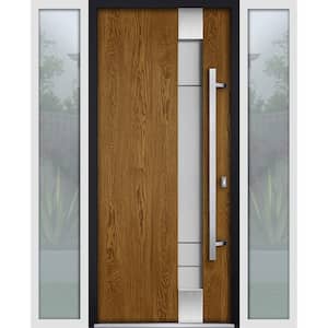 60 in. x 80 in. Left-Hand/Inswing 2 Sidelight Frosted Glass Natural Oak Steel Prehung Front Door with Hardware