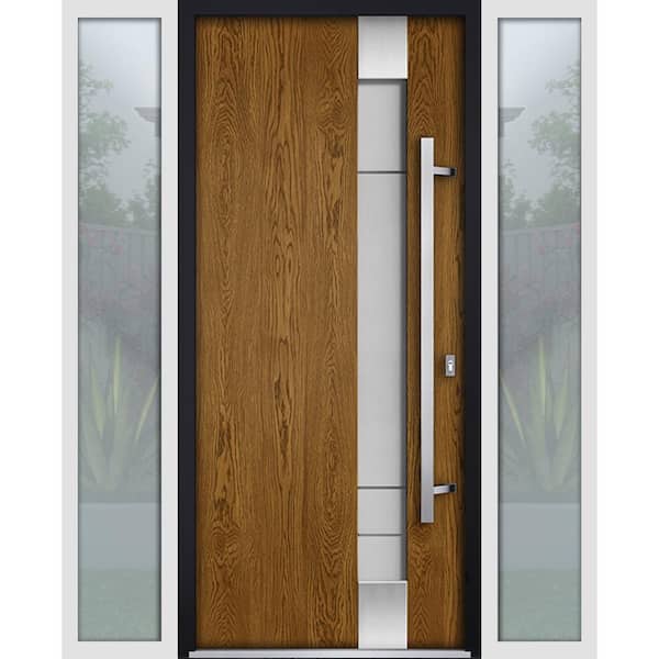 VDOMDOORS 60 in. x 80 in. Left-Hand/Inswing 2 Sidelight Frosted Glass Natural Oak Steel Prehung Front Door with Hardware