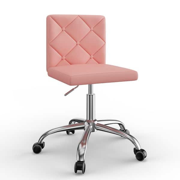 Ergonomic Office Chair with Tufted PU Leather Backrest, Adjustable Swivel Desk Chair, Pink Rolling Computer Chair