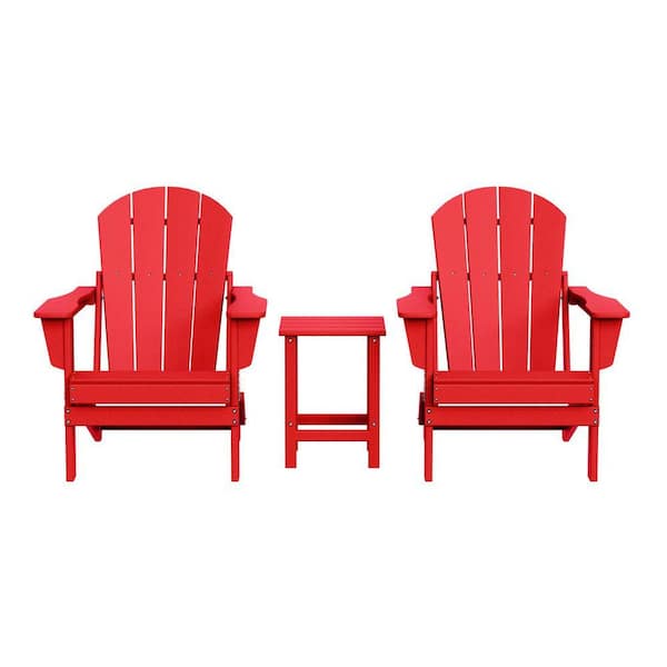 Laguna 3-Piece Fade Resistant Outdoor Patio HDPE Poly Plastic Folding Adirondack Chair Set with Side Table in Red