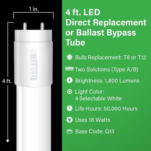 18-Watt 4 ft. G13 Type AB T8 Plug and Play Or T8/T12 Ballast Bypass Linear LED Tube Light Bulb Selectable White (2-Pack)