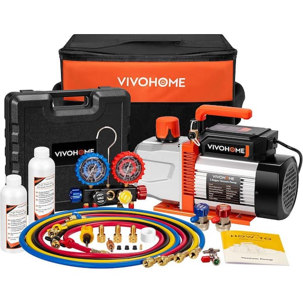 3/4 HP 7. 2CFM 2 Stage HVAC Vacuum Pump and 4 Way Manifold Gauge Kit with 5 ft. Hoses for R134a R12 R22 R502 R410a