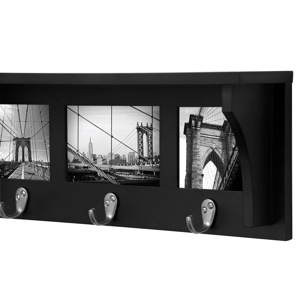 Black MDF Wall Shelf with Hooks and Photo Frames