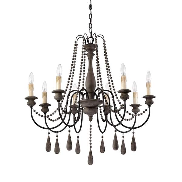 Edvivi 8-Light Slate Wood and Black Chandelier with Wooden Beads Hanging