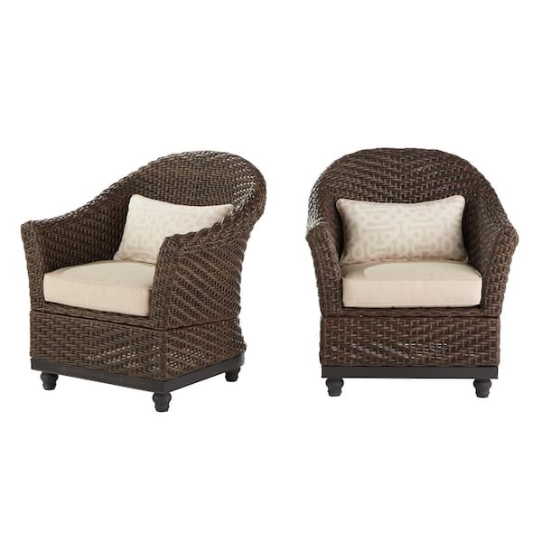 Home Decorators Collection Camden Dark Brown Wicker Outdoor Porch Lounge Chair with Sunbrella Antique Beige & Fretwork Flax Cushions (2-Pack)