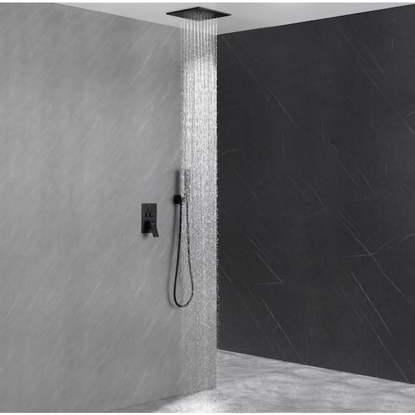 Single Handle 5-Spray Shower Faucet 1.8 GPM 16 in. Square Ceiling Mounted with Pressure Balance in. Matte Black