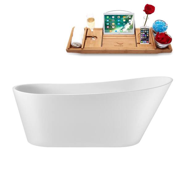 Streamline 67 in. x 30 in. Acrylic Freestanding Soaking Bathtub in Glossy White with Brushed Brass Drain, Bamboo Tray