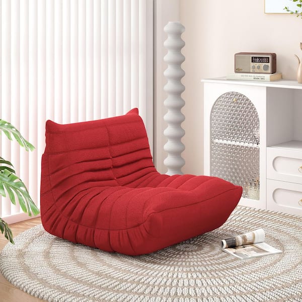 Magic Home 34 in. Rectangle Armless Teddy Velvet Lazy Floor Sofa Couch with High Density Comfortable Foam in Red
