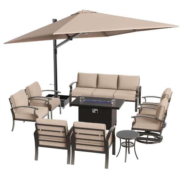 10-Piece Aluminum Patio Conversation Set with Armrest, Firepit Table, Swivel Chairs, Roman Umbrella and Sand Cushions
