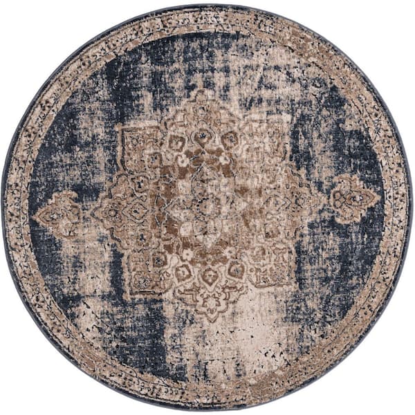 Unique Loom Chateau Roosevelt Dark Blue 4' 0 x 4' 0 Round Rug