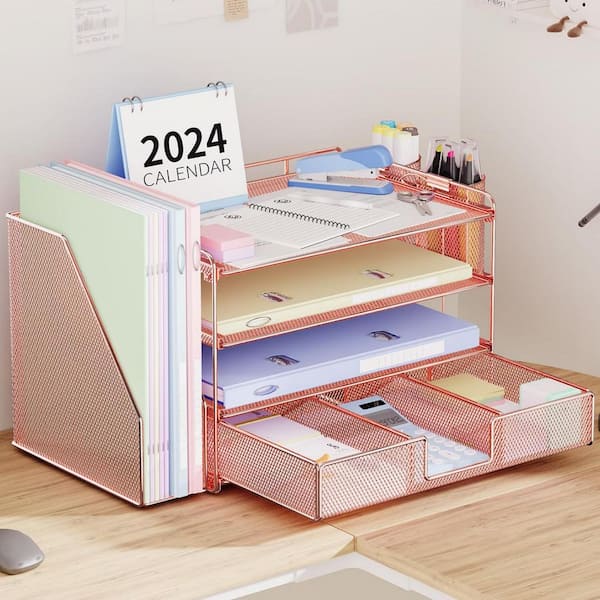 15.5 in x 9.3 in Pink Metal 4-Tier Desktop File Organizer with Drawer and 2 Pen Holders, Desk Organizer and Accessories