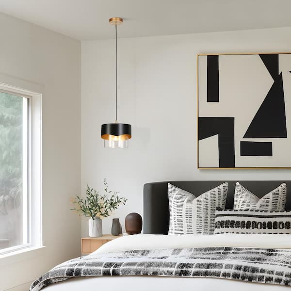 Modern 1-light Black and Gold Pendant Light with Cylinder Metal and Glass Shade, Hanging Lamp for Kitchen Island