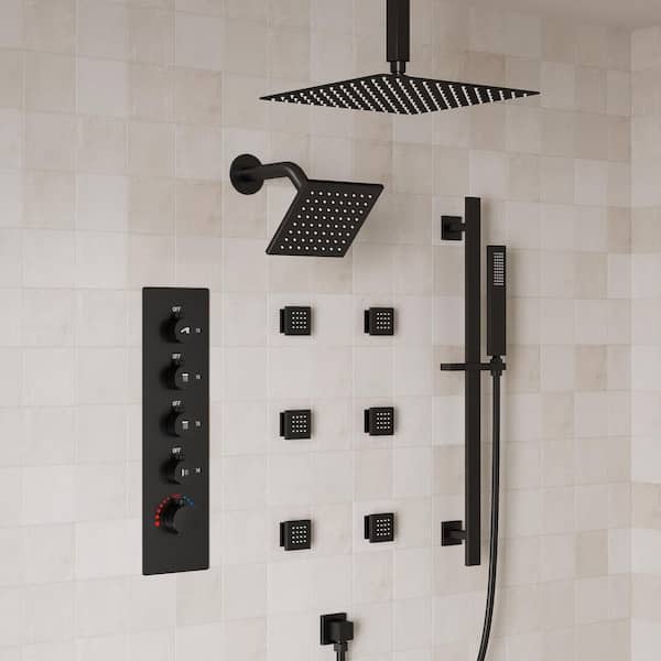 Thermostatic 15-Spray 16 in. and 6 in. Ceiling Mount Dual Shower Head 2.5 GPM with 6-Jet in Matte Black (Valve Included)