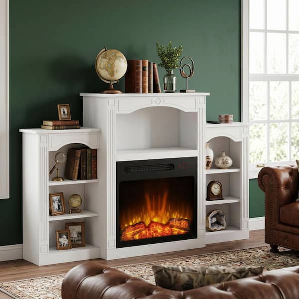 White TV Stand Entertainment Center Fits TV's up to 60 in. W with Electric Fireplace and 7 Open Shelves