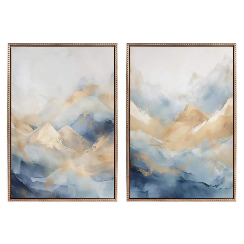 Sylvie Beaded Blue Mountains Abstract Canvas Art Set with Gold Frame