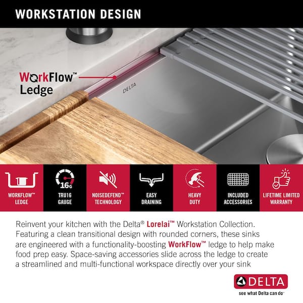 DELTA 95A932-25S-SS Lorelai Workstation Kitchen Sink Drop-in Top Mount Stainless Steel Single Bowl with WorkFlow Ledge and Chef’s Kit of Accessorie - 1