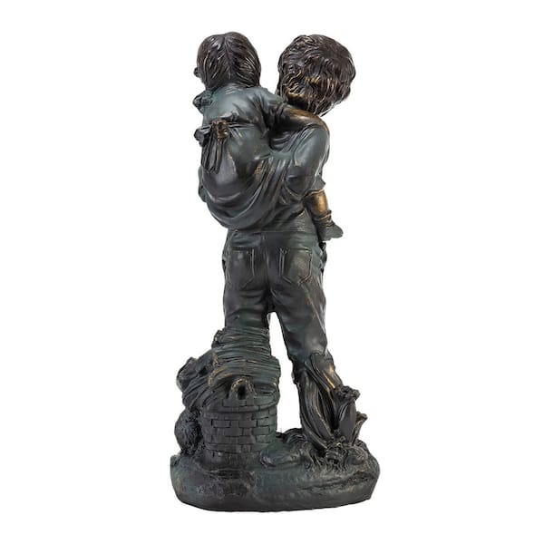 16 in. Tall Indoor/Outdoor Patina Finish Piggyback Kids Yard Statue Decoration