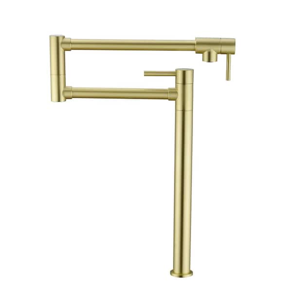 AIMADI Deck Mounted Pot Filler with Double Joint Swing Arm Single Hole Brass Two Handle Folding Kitchen Faucet in Brushed Gold