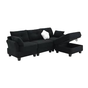 92 in. Flared Arm L-shaped Teddy Velvet Fabric Modern Sectional Sofa in Black with Charging Ports and Storage Ottoman