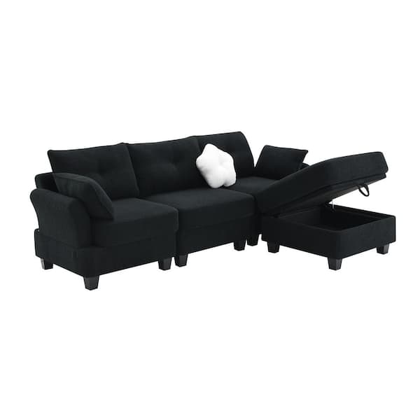 Harper & Bright Designs 92 in. Flared Arm L-shaped Teddy Velvet Fabric Modern Sectional Sofa in Black with Charging Ports and Storage Ottoman
