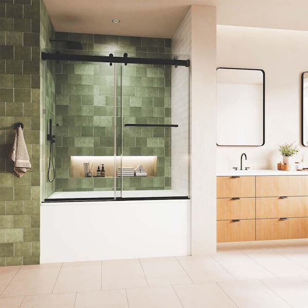SP Series 60 in. W x 65 in. H Frameless Double Sliding Shower Tub Door in Matte Black with 3/8 Tempered Clear Glass