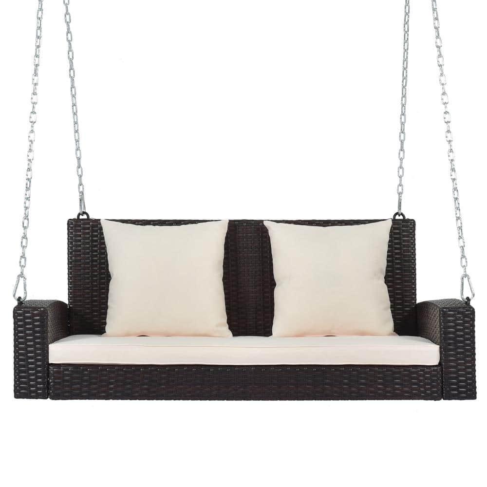 2-Person Brown Wicker Hanging Porch Swing with Chains, Beige Cushion for Ga