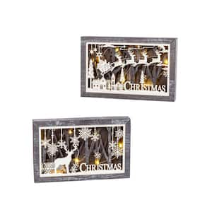 7 in. H B/O Lighted Laser Cut Wood Holiday Scene Wall Decor (Set of 2)