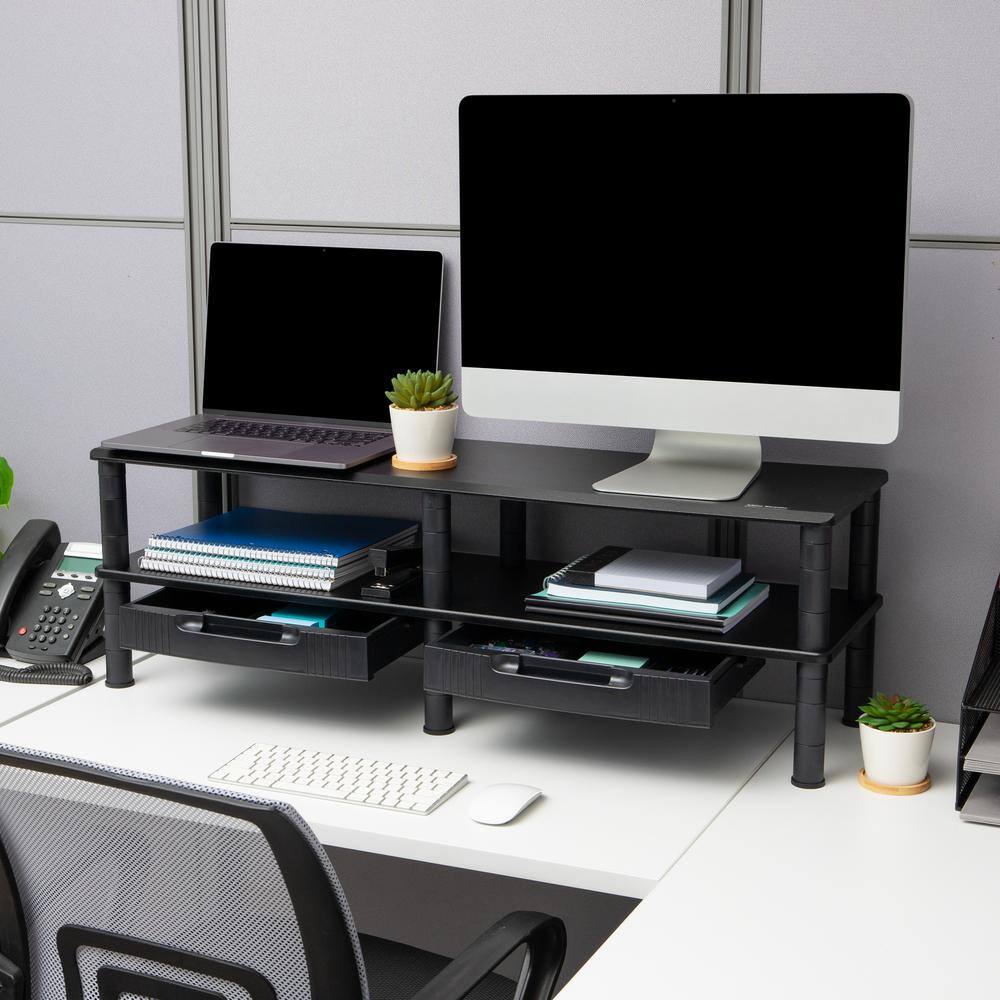 Black Dual Monitor Stand with Storage Shelves and Drawers