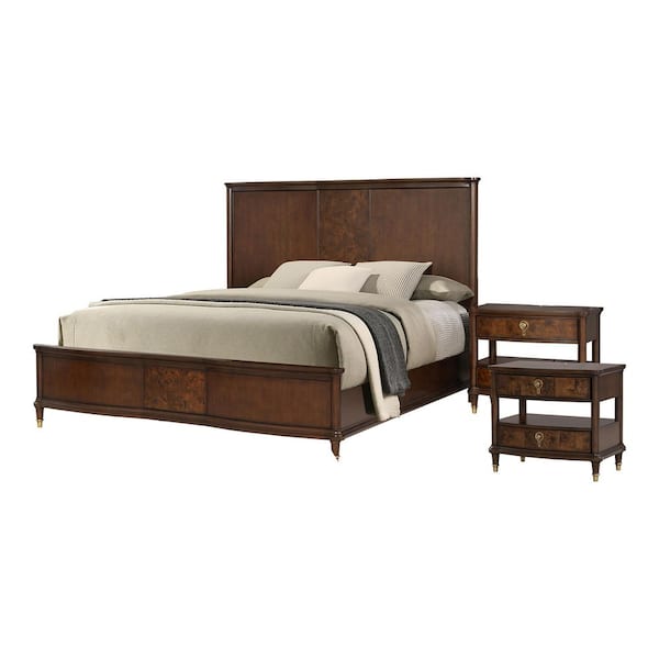 Whitney 3-Piece Traditional Dark Cherry Wood King Panel Bedroom Set with Reading LED on Headboard