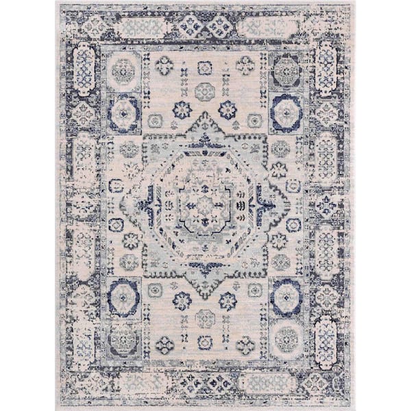 Omaha Leon Farmhouse, Medallion, Ivory Blue 9 ft. 3 in. x 12 ft. 6 in., Area Rug