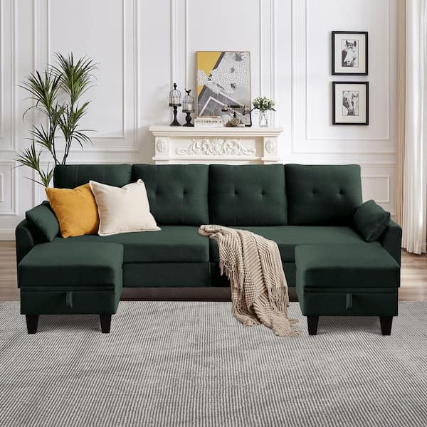 STICKON 101 in. W Straight Arms 4-Seat U Shaped Fabric Modern Sectional Sofa in Green with Storage Ottoman