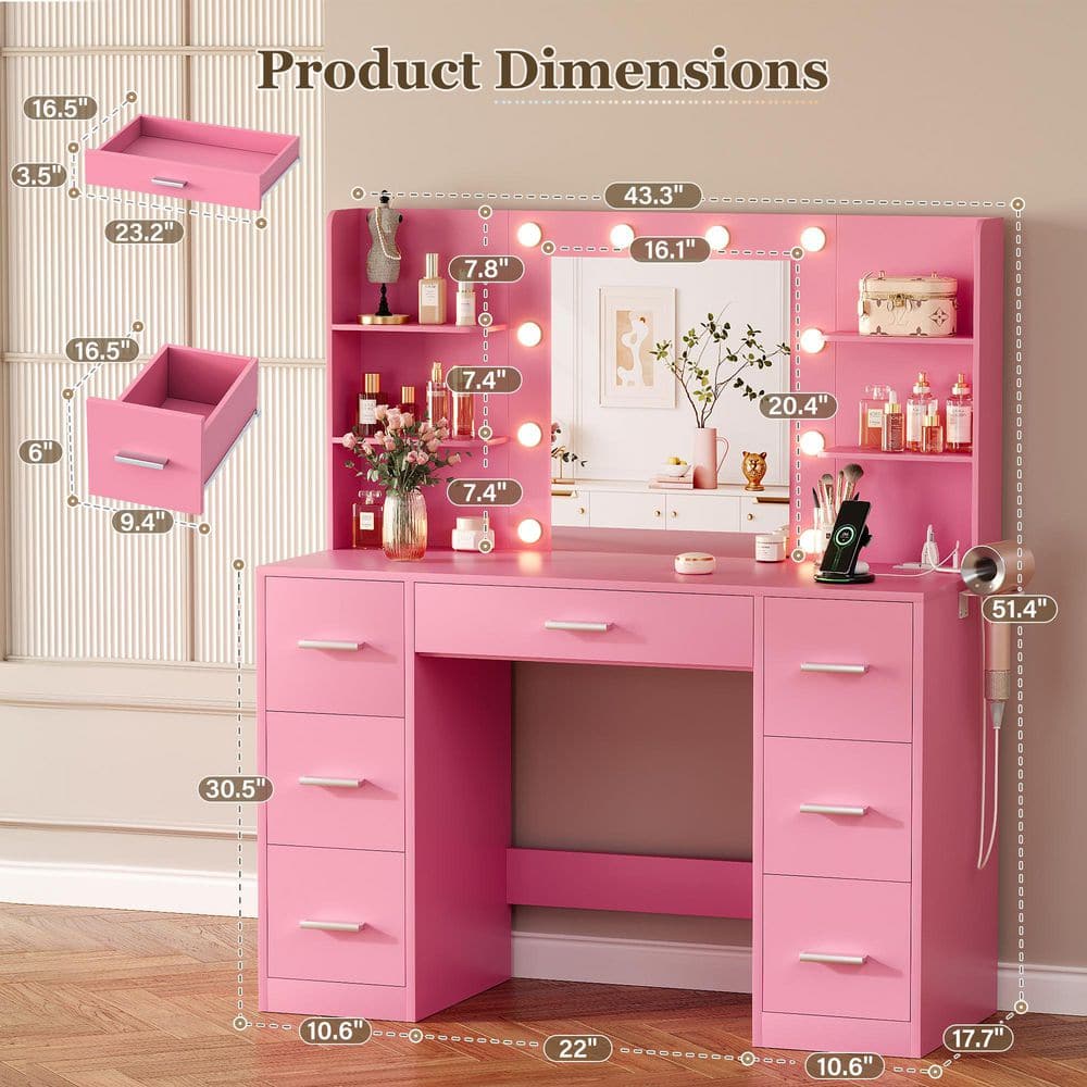 Makeup Vanity With Lights in 3-Colors, Vanity Desk with Large Mirror, Drawers and Shelves, White - thumbnail 3