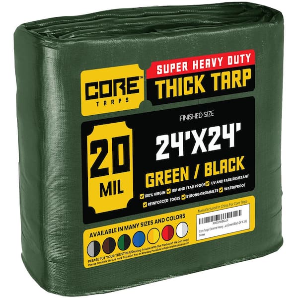 CORE TARPS 24 ft. x 24 ft. Green/Black 20 Mil Heavy Duty Polyethylene Tarp, Waterproof, UV Resistant, Rip and Tear Proof