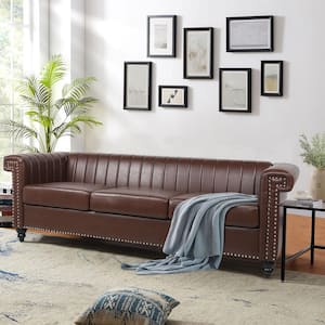 82.5 in Wide Square Arm Faux Leather Straight Sofa with Removable Cushion in Brown